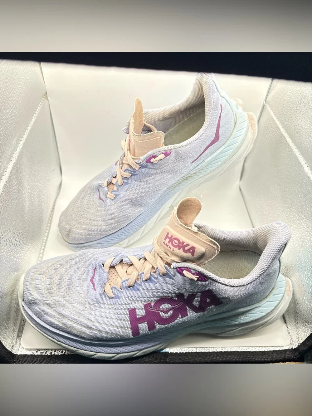 Hoka One One Mach 5 running shoes in the Baby Lavender/Summer Song
